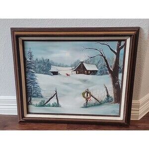 Framed Winter Scene Oil On Canvas Signed Diane 1985 21x25" Framed 16x20" Picture